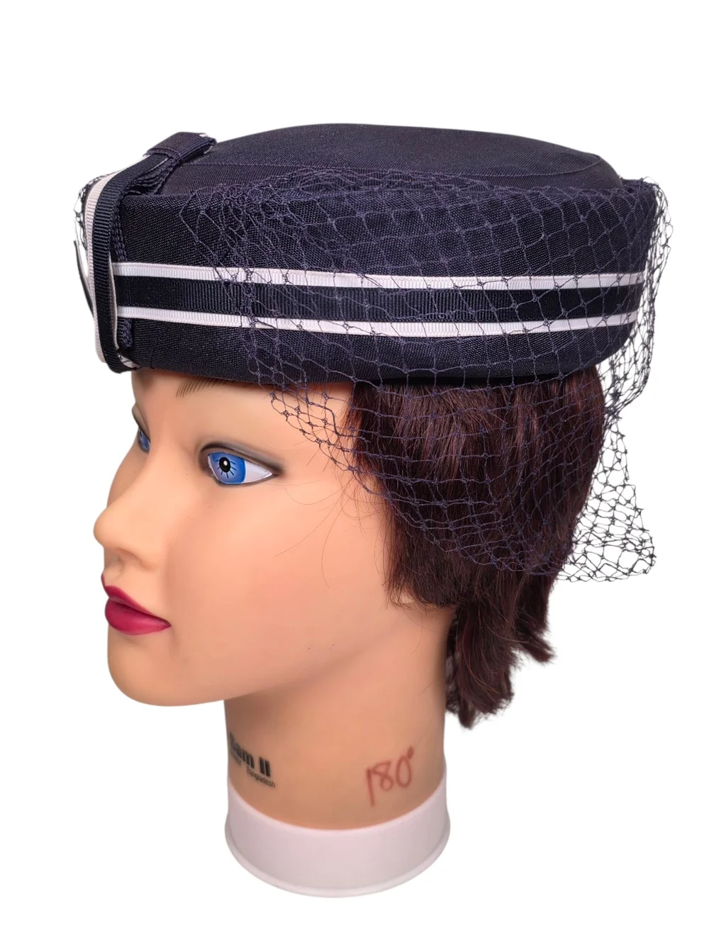 Vintage 1960s Navy Blue Pillbox Hat Veil Netting Bow Union Made USA Mid Century